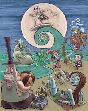 The Nightmare before Christmas in July illustration on the beach
